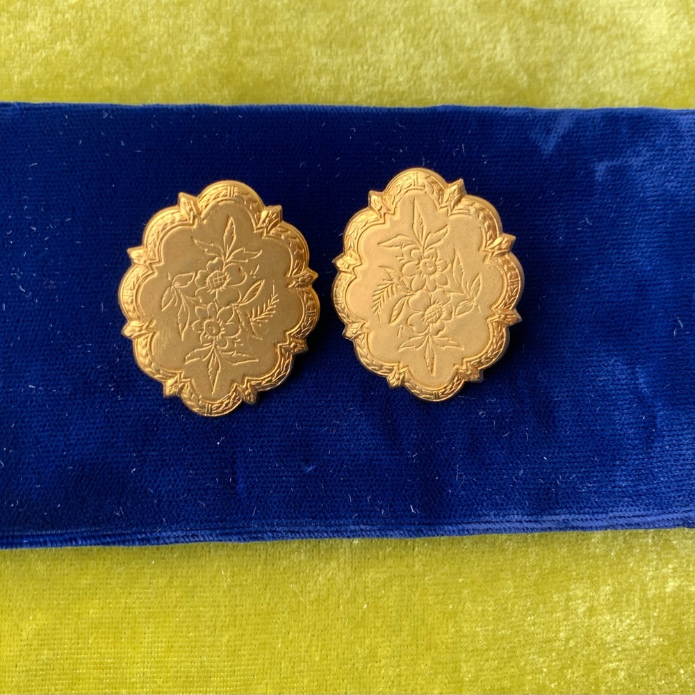Miriam Haskell Gold Floral Engraved Post Pierced Earrings